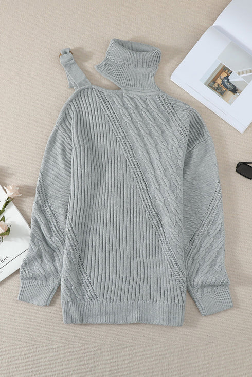 Strapped Cut Out Shoulder Turtleneck Sweater